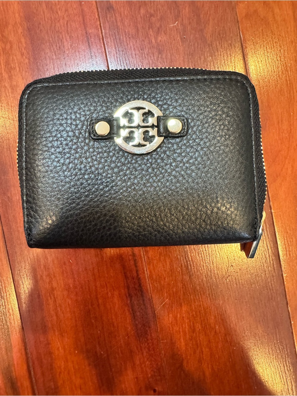 Tory Burch Black Pebbled Leather Zip Card Case with Logo Medallion